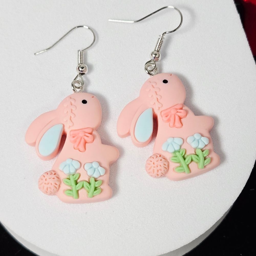 Pink Easter Bunny Earrings Floral Bow Resin Dangle 2" Spring Rabbit Kawaii Gift